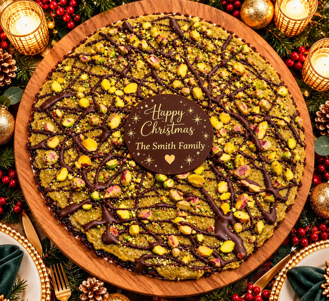 The Big Date, a 17-inch (43cm) festive date dessert with a personalised chocolate message, on a Christmas table